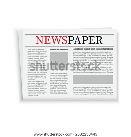 Newspaper front page. Bold red and black title. Multiple columns. Placeholder text.