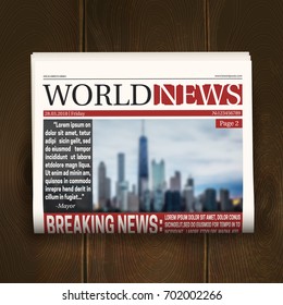 Newspaper front page design poster with world breaking news headlines on dark wood background realistic vector illustration  