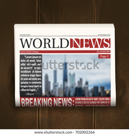 Newspaper front page design poster with world breaking news headlines on dark wood background realistic vector illustration  