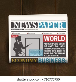 Newspaper front page poster with world news economy business headlines on dark wood background realistic vector illustration  