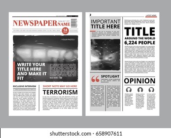Newspaper front page with several columns and photos. Vector magazine cover. Layout design project