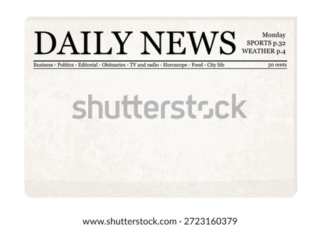 Newspaper front page template. Blank vector generic newspaper mockup with copy space.