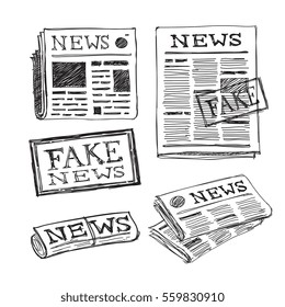 newspaper hand drawn icons set. fake news stamp, vector doodle illustration