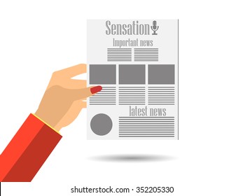 Newspaper in hand. Important news read in a newspaper. Vector illustration.