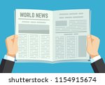 Newspaper in hands. Businessman holding financial gazette. Man reading news in magazine. Newspaper article, businessman reader world news illustration