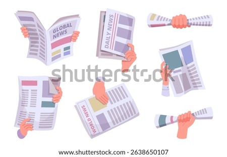 Newspaper in hands. Closed and opened business paper magazine in hands exact vector cartoon templates