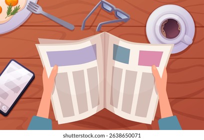 Newspaper in hands. man holding daily newspaper reading and eating breakfast. vector top view illustration