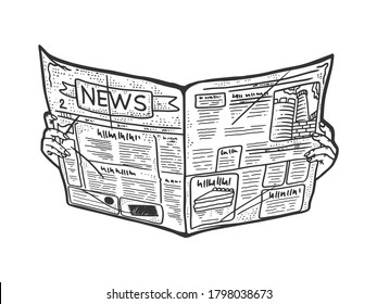 Newspaper in hands sketch engraving vector illustration. T-shirt apparel print design. Scratch board imitation. Black and white hand drawn image.