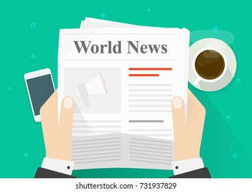 Newspaper in hands vector illustration, flat cartoon person reading news in newspaper while coffee break top view, daily press announcement