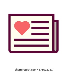 Newspaper with heart. Vector flat icon design on white background. 