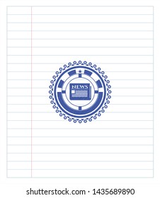newspaper icon emblem draw with pen effect. Blue ink. Vector Illustration. Detailed.