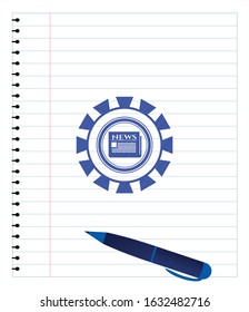 newspaper icon emblem drawn with pen. Blue ink. Vector Illustration. Detailed.