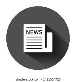 Newspaper icon in flat style. News vector illustration on black round background with long shadow. Newsletter business concept.