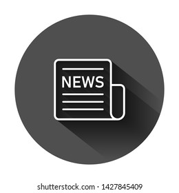 Newspaper icon in flat style. News vector illustration on black round background with long shadow. Newsletter business concept.
