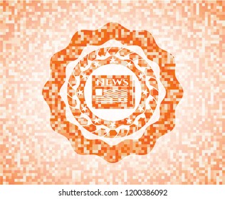 newspaper icon inside abstract emblem, orange mosaic background