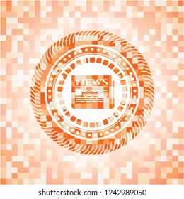 newspaper icon inside abstract emblem, orange mosaic background