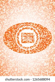 newspaper icon inside abstract emblem, orange mosaic background