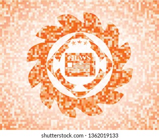 newspaper icon inside abstract emblem, orange mosaic background