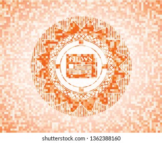 newspaper icon inside abstract emblem, orange mosaic background