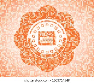 newspaper icon inside abstract orange mosaic emblem with background