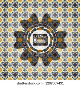 newspaper icon inside arabesque badge background. arabic decoration.