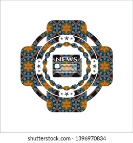 newspaper icon inside arabic badge background. Arabesque decoration.