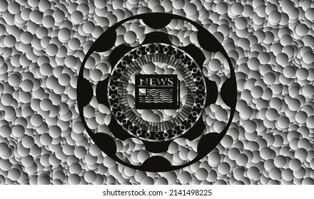 icono del periódico dentro del emblema negro con fondo de burbujas grises. Ilustración vectorial. Detallado. 