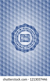 newspaper icon inside blue badge with geometric pattern background.