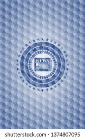 newspaper icon inside blue badge with geometric background.