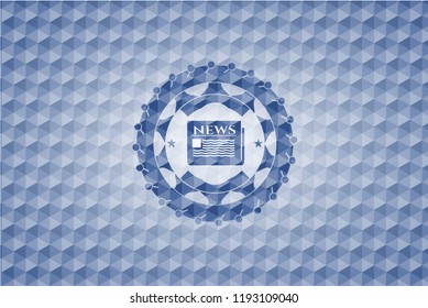 newspaper icon inside blue emblem with geometric background.