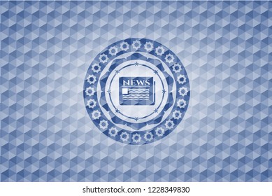 newspaper icon inside blue emblem or badge with abstract geometric polygonal pattern background.
