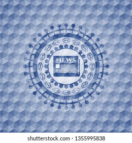 newspaper icon inside blue emblem or badge with geometric pattern background.