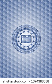 newspaper icon inside blue emblem or badge with abstract geometric polygonal pattern background.