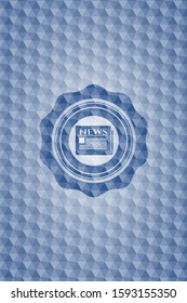 newspaper icon inside blue emblem with geometric pattern.