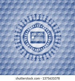 newspaper icon inside blue hexagon emblem.
