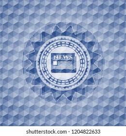 newspaper icon inside blue polygonal emblem.