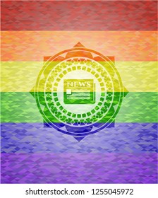 newspaper icon inside emblem on mosaic background with the colors of the LGBT flag