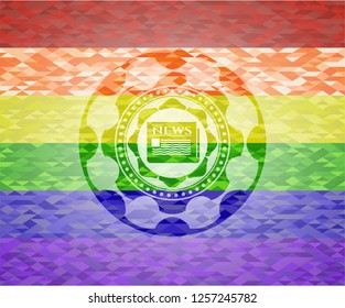 newspaper icon inside emblem on mosaic background with the colors of the LGBT flag