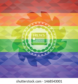 newspaper icon inside emblem on mosaic background with the colors of the LGBT flag