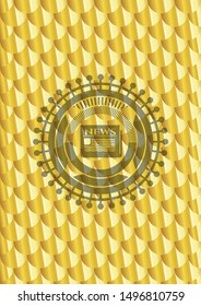 newspaper icon inside gold badge. Scales pattern. Vector Illustration. Detailed.
