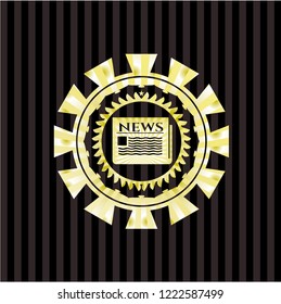 newspaper icon inside gold emblem or badge