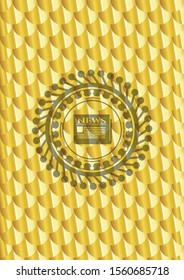 newspaper icon inside gold emblem or badge. Scales pattern. Vector Illustration. Detailed.