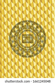newspaper icon inside golden emblem. Scales pattern. Vector Illustration. Detailed.