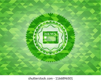 newspaper icon inside green emblem with triangle mosaic background