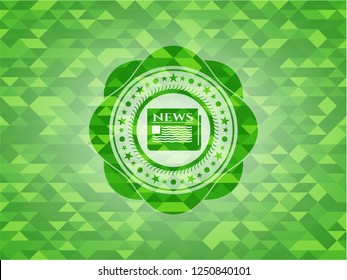 newspaper icon inside green emblem with triangle mosaic background