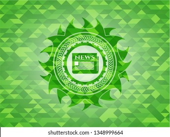 newspaper icon inside green emblem. Mosaic background