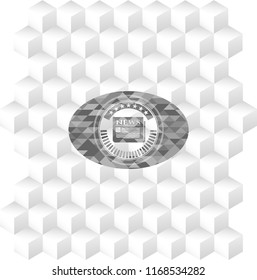 newspaper icon inside grey badge with geometric cube white background