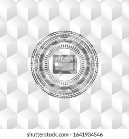 newspaper icon inside grey badge with geometric cube white background
