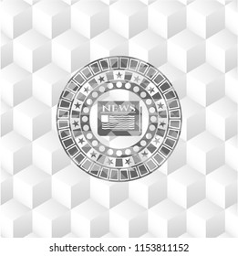newspaper icon inside grey icon or emblem with geometric cube white background