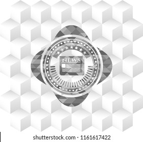 newspaper icon inside grey emblem with cube white background